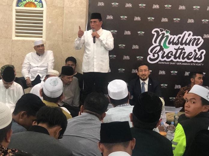 Gubsu Edy Rahmayadi saat berbicara di kegiatan Muslim Brothers, Selasa (31/12/2019). (kaldera/armin)