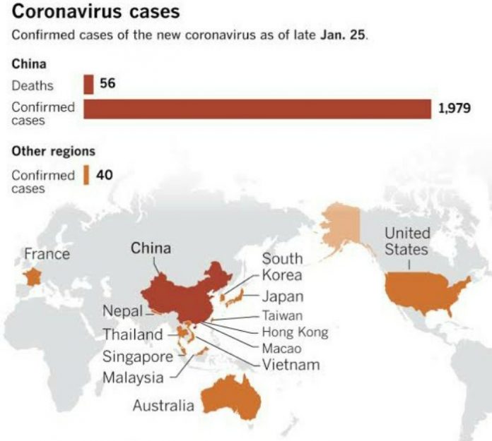 Peta sebaran Virus Corona (coronavirus) di dunia. Tercatat ada 14 negara yang konfirmasi temuan kasusnya. Termasuk 4 negara Asean (Thailand, Singapura, Malaysia dan Vietnam).