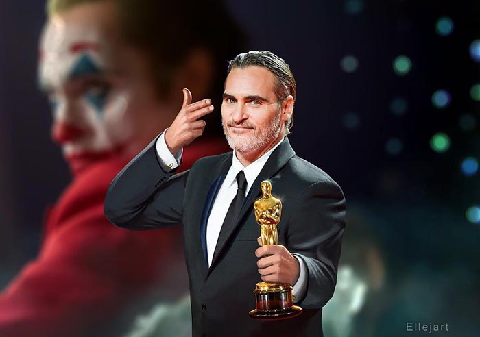 Joaquin Phoenix berposes usai meraih Piala Oscar 2020 sebagai Aktor Pria Terbaik.(asianews)