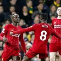 Para pemain Liverpool merayakan gol yang dicetak oleh Sadio Mane ke gawang Norwich City pada laga Premier League (Liga Inggris) di Stadion Carrow Road Minggu (16/2/2020). Liverpool menang 1-0 atas Norwich City. (AP/Frank Augstein)