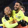 Pemain Manchester City Gabriel Jesus usai mencetak gol semata wayangnya ke gawang Kasper Schmeichel. (ist)