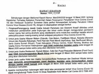 Surat Edaran Walikota, Untuk Menutup Hiburan Malam Guna Pencegahan Penyebaran Virus Corona (Covid-19).