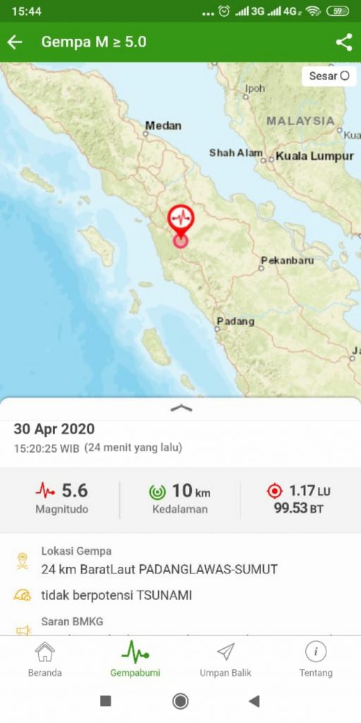 Gempa berkekuatan 5,6 magnitudo mengguncang daerah Kabupaten Padang Lawas, Sumatera Utara