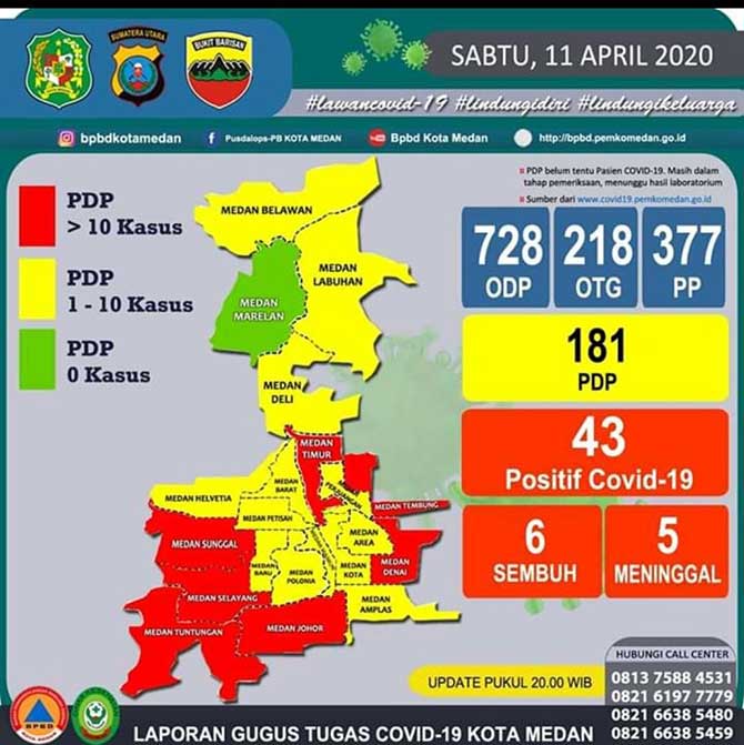Peta Laporan Gugus Tugas Covid-19 Kota Medan per tanggal 11 April 2020. Sumber: Gugus Tugas Covid-19 Kota Medan.