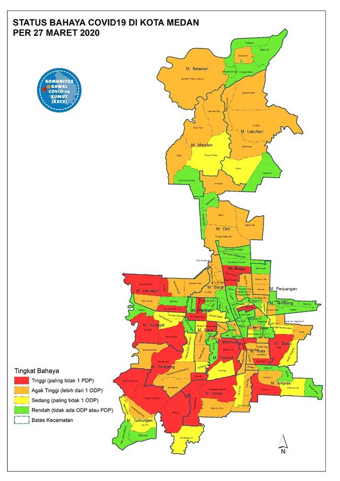 Peta Status Bahaya Covid-19 di Kota Medan per 27 Maret 2020 Berdasarkan Level Tingkat Bahaya Per Kecamatan (KKCS). Sumber: Gugus Tugas Percepatan Penanganan Covid-19 Provinsi Sumatera Utara