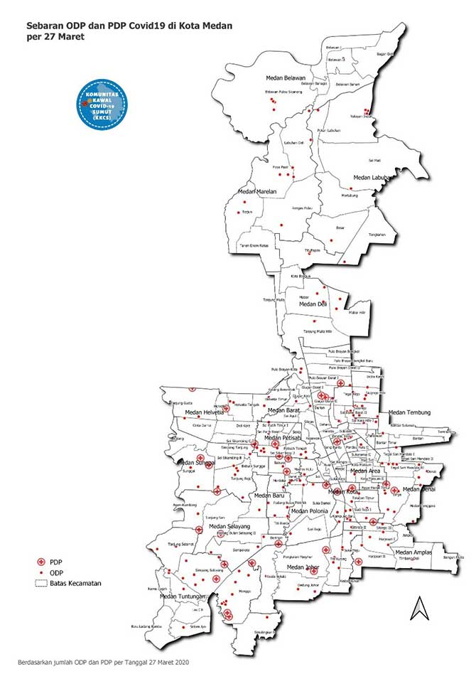 Peta Status Bahaya Covid-19 di Kota Medan per 27 Maret 2020 Berdasarkan Penyebaran OPD dan PDP Per Kecamatan (KKCS). Sumber: Gugus Tugas Percepatan Penanganan Covid-19 Provinsi Sumatera Utara.