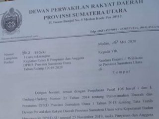 surat nomor 862/18/sekr tertanggal 8 Mei 2020 perihal Kegiatan Reses II Pimpinan dan anggota DPRD Provinsi Sumatera Utara tahun sidang 1 2019-2020 yang ditandatangani oleh Ketua DPRD Sumatera Utara Baskami Ginting.
