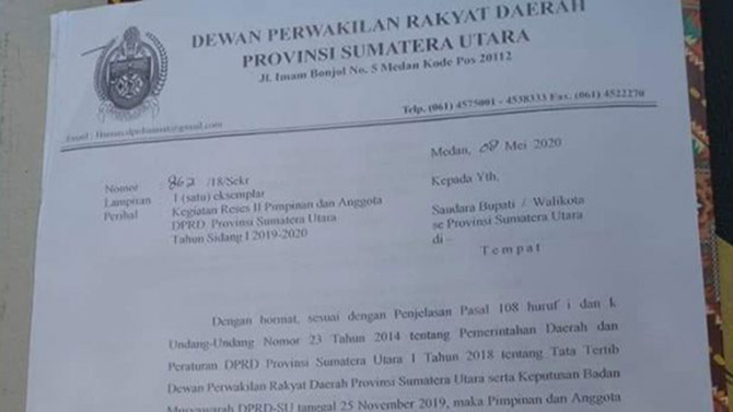 surat nomor 862/18/sekr tertanggal 8 Mei 2020 perihal Kegiatan Reses II Pimpinan dan anggota DPRD Provinsi Sumatera Utara tahun sidang 1 2019-2020 yang ditandatangani oleh Ketua DPRD Sumatera Utara Baskami Ginting.