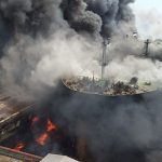 kebakaran yang menghanguskan kapal tanker MT Jag Leela di dermaga galangan kapal milik PT Waruna Nusa Sentana Shipyard Belawan, Medan