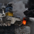 Kebakaran yang menghanguskan kapal tanker MT Jag Leela milik PT Waruna Nusa Sentana Shipyard Belawan, Medan.