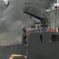 Kapal tanker MT Jag Leela terbakar saat bersandar di dermaga galangan kapal milik PT Waruna Nusa Sentana Shipyard Belawan, Medan