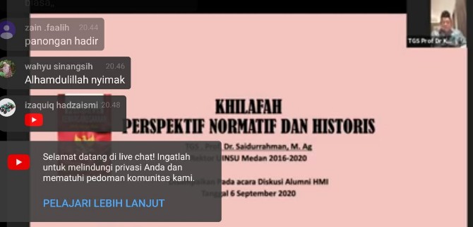 Prof Saidurrahman saat memaparkan materinya tentang Khilafah Perspektif Normatif dan Historis dalam webinar tadi malam.