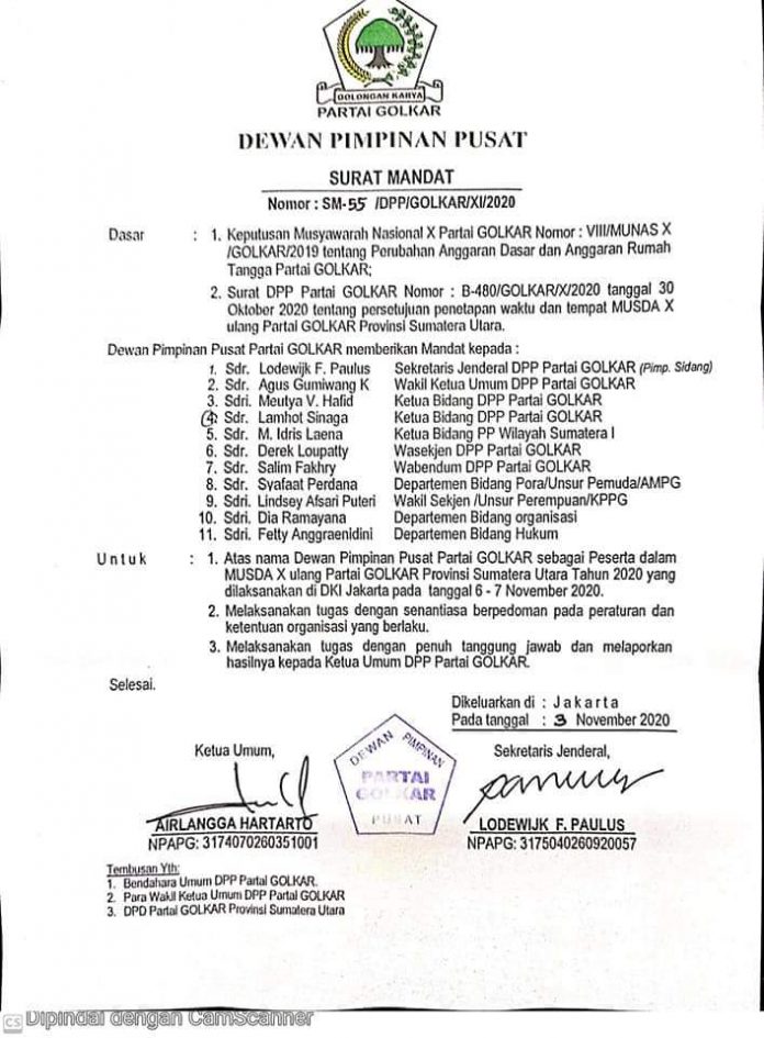 surat mandat DPP Partai Golkar Nomor: SM-55/DPP/Golkar/2020