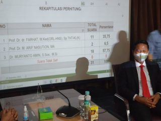 Muryanto Amin, terpilih sebagai Rektor baru USU. Terlihat Muryanto tersenyum usai pemilihan.(ist)