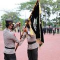 Kepolisian Daerah (Polda) Sumatera Utara menggelar upacara penyerahan Pataka Satya Bakti Jaya di Lapangan KS Tubun Polda Sumut, Jumat (12/3/2021).