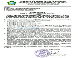 Rektorat memperpanjang masa pembayaran uang kuliah tunggal (UKT)/SPP semester genap 2020-2021 hingga 14 April 2021.