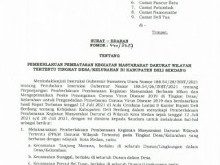Pemerintah Kabupaten Deli Serdang menerapkan Pemberlakuan Pembatasan Kegiatan Masyarakat (PPKM) Darurat Wilayah Tertentu pada 9 kecamatan yang berbatasan dengan Kota Medan yang sudah terlebih dahulu menerapkan PPKM darurat.