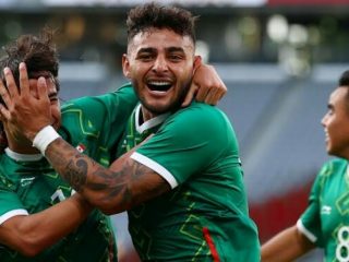 Pemain Meksiko merayakan kemenangan atas Perancis 4-1 di Olimpiade Tokyo 2020.