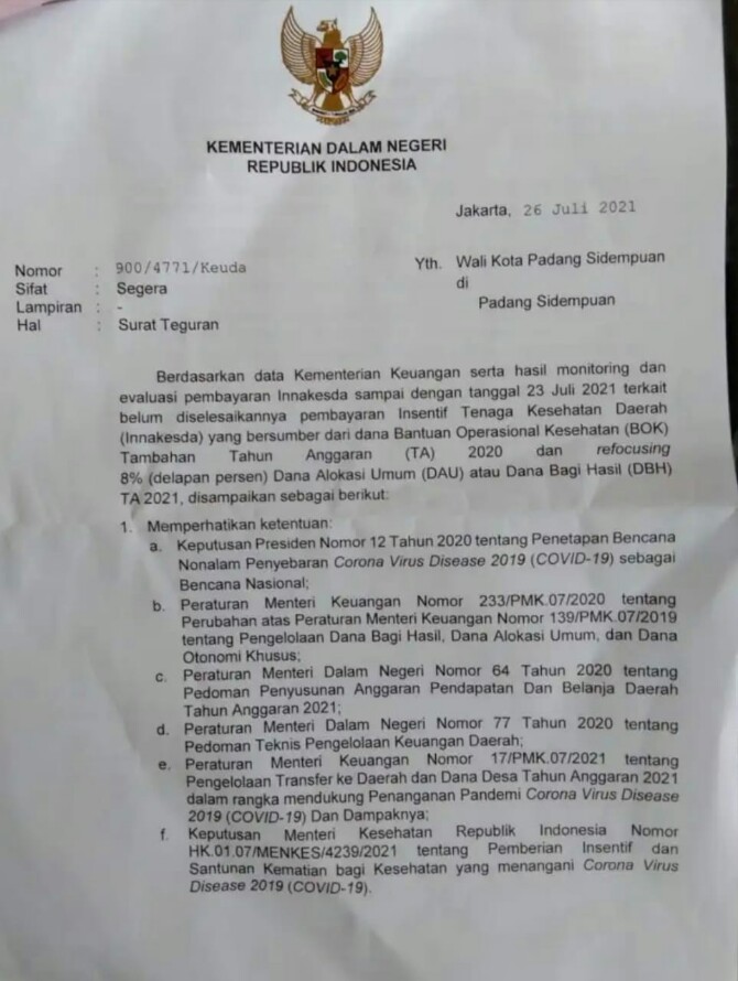 Menteri Dalam Negeri (Mendagri) Tito Karnavian menegur Walikota Padangsidempuan, Irsan Efendi Nasution yang tak kunjung mencairkan insentif tenaga kesehatan (nakes) di masa pandemi Covid-19.