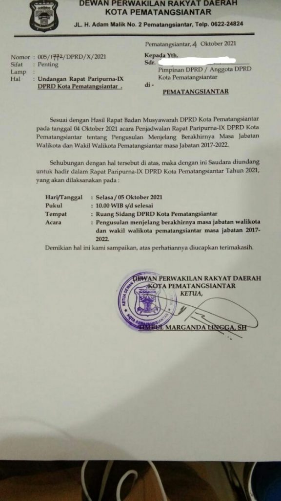 DPRD Pematangsiantar berencana menggelar sidang paripurna dengan agenda pemberhentian walikota- wakil walikota, Hefriansyah - Togar Sitorus, Selasa (5/10/2021).