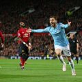Bernardo Silva merayakan golnya di Old Trafford. City menang 2-0 atas Manchester United. (getty image via sportrush/kaldera)