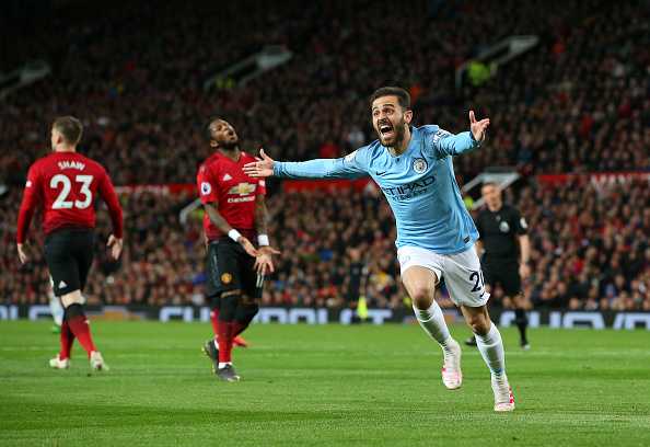 Bernardo Silva merayakan golnya di Old Trafford. City menang 2-0 atas Manchester United. (getty image via sportrush/kaldera)