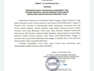 Panitia seleksi calon Sekretaris Daerah Provinsi Sumatera Utara (Sekdaprov Sumut), mengumumkan 6 nama peserta yang lulus seleksi penulisan makalah, Senin (13/12/2021). Tapi proses seleksi kemudian dihentikan, atau ditunda sampai waktu yang tidak ditentukan.