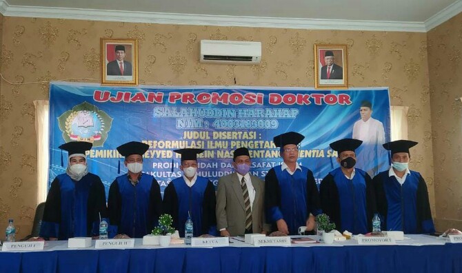 Salahuddin Harahap, Sekretaris Prodi Magister Pemikiran Politik Islam Fakultas Ushuluddin dan Studi Islam UIN Sumut resmi menyadang gelar Doktor dalam sidang promosi, Senin (21/2/2022).