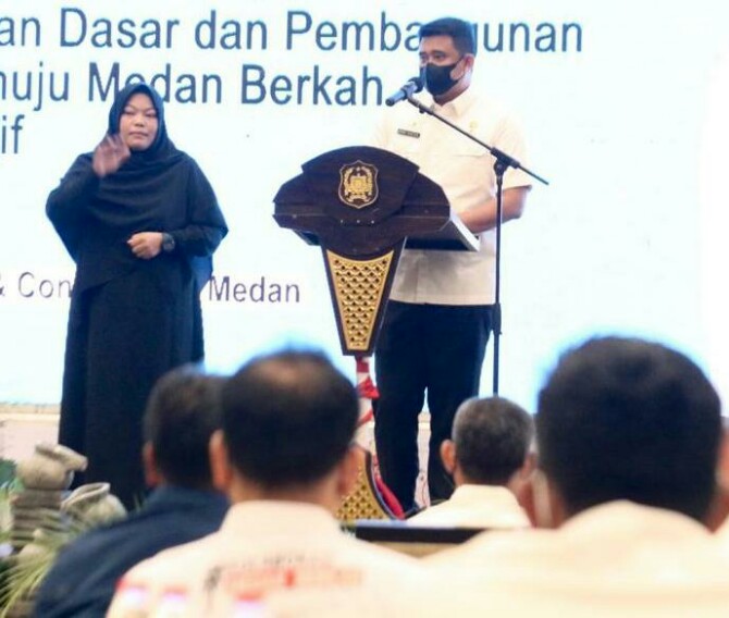 Walikota Medan, Bobby Nasution saat memberikan sambutan di Musrenbang, Rabu (23/3/2022)