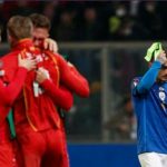 Pemain Makedonia Utara bersuka cita atas hasil kemenangan atas Italia