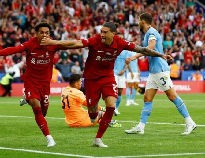 Darwin Nunez merayakan golnya ke gawang Manchester City di Stadion King Power, Sabtu (30/7/2022)