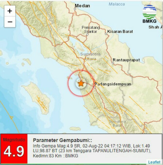 Pinang Sori Diguncang Gempa Tektonik Magnitudo 4,9