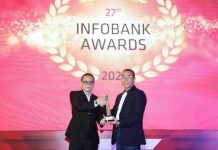 Dirut Bank Sumut, Rahmad Fadillah saat menerima Golden Trophy Award 2022 dari Infobank