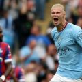 E Haaland saat melakukan selebrasi usai mencetak gol ke gawang Crystal Palace