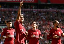 Para pemain Liverpool saat merayakan kemenangan 9-0 atas Bournemouth di laga sebelumnya