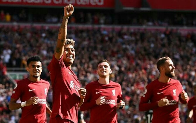 Para pemain Liverpool saat merayakan kemenangan 9-0 atas Bournemouth di laga sebelumnya