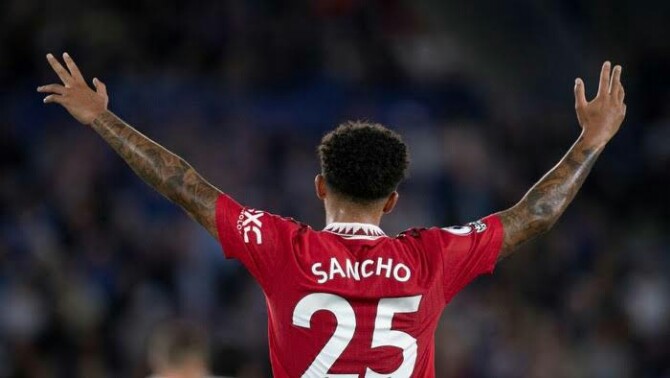 Jadon Sancho akan menjadi andalan Erik ten Hag menjebol gawang Arsenal ketika kedua tim bertemu di Stadion Old Trafford, Minggu(4/9/2022)