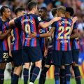 Pemain Barcelona merayakan kemenangannya saat melawan Victoria Plzen