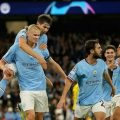 Pemain Man City merayakan gol Haaland ke gawang B Dortmund. Man City menang 2-1 dalam laga tersebut
