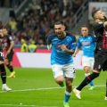 Pemain Napoli melakukan selebrasi usai mencetak gol ke gawang Milan