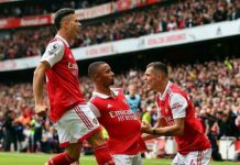 Pemain Arsenal merayakan gol G Jesus ke gawang Tottenham, Sabtu (1/10/2022). Arsenal menang 3-1