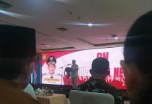 Menteri Pertahanan Indonesia, Prabowo Subianto ketika memberikan sambutan di acara Peluncuran Pemuda Bela Negara di Gedung Pelindo, Kecamatan Medan Belawan, Sabtu (28/1/2023). Foto:kaldera/reza