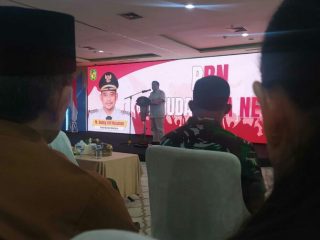 Menteri Pertahanan Indonesia, Prabowo Subianto ketika memberikan sambutan di acara Peluncuran Pemuda Bela Negara di Gedung Pelindo, Kecamatan Medan Belawan, Sabtu (28/1/2023). Foto:kaldera/reza