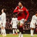 J Sancho meluapkan kegembiraanya usai mencetak gol penyeimbang saat MU melawan Leeds United di Stadion Old Trafford, Kamis (9/2/2023). Foto : google