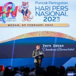 Presiden Joko Widodo saat memberikan sambutan pada puncak peringatan Hari Pers Nasional di Gedung Serba Guna Sumut, Kamis (9/2/2023). Foto:Dinas Kominfo Medan