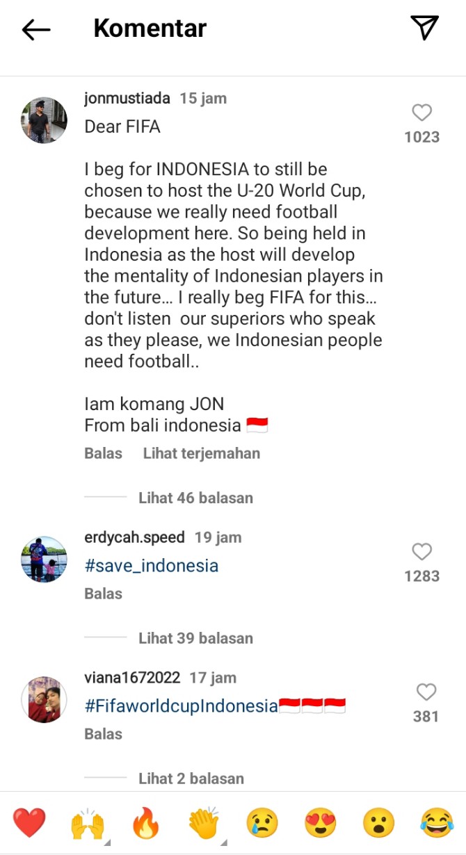 Warganet terpantau mengungkapkan rasa kecewa mereka dengan membanjiri kolom komentar tiga postingan terakhir di dua akun Instagram resmi FIFA