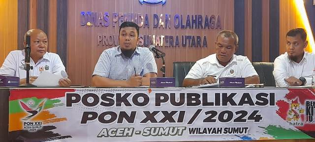 Ketua Binpres ISSI Sumut Khairul Azmi (dua dari kiri) memberikan keterangan persiapan menghadapi PON 2024 pada wartawan, kemarin.(kaldera/HO)