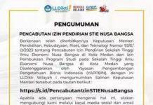 Kemendikbudristek mencabut izin dua kampus swasta di Kota Medan. Dua Perguruan Tinggi Swasta (PTS) yang izinnya dicabut yakni Sekolah Tinggi Ilmu Ekonomi (STIE) Nusa Bangsa dan dan STIE Indonesia.