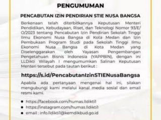 Kemendikbudristek mencabut izin dua kampus swasta di Kota Medan. Dua Perguruan Tinggi Swasta (PTS) yang izinnya dicabut yakni Sekolah Tinggi Ilmu Ekonomi (STIE) Nusa Bangsa dan dan STIE Indonesia.