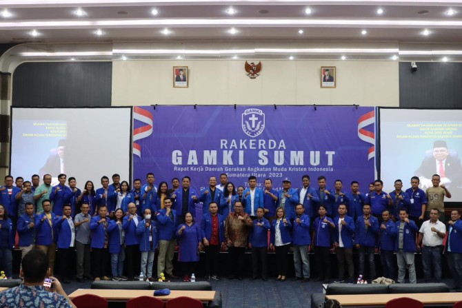 Presiden Joko Widodo menghadiri pengukuhan kepengurusan dewan pimpinan pusat (DPP) dan peresmian pembukaan rapat kerja nasional (rakernas) Gerakan Angkatan Muda Kristen Indonesia (GAMKI) Tahun 2023.